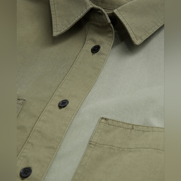 The Kooples Two-Tone Patchwork Cotton Denim Shirt Front Pockets Khaki Olive Sz S - Picture 9 of 11